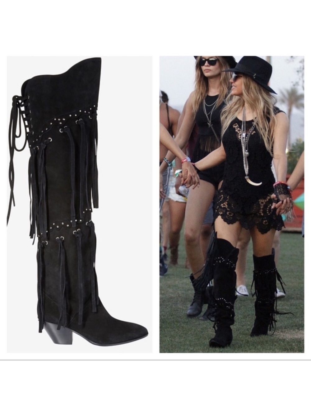 GIUSEPPE ZANOTTI Black Suede Fringe Studded Over The Knee Boots 37 Boho Festival